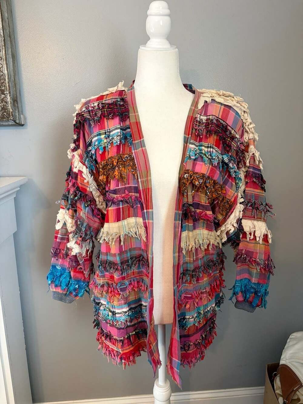Paula Sweet Muslin Mink Plaid Fringe Jacket Size S